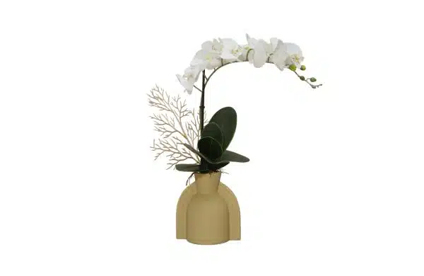 Home Decor Flower Arrangement No-56 Modern Yellow Vase Coral Anggrek 24 Front View