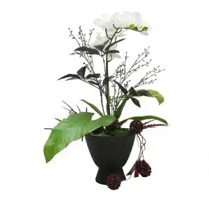 Home Decor Flower Arrangement No-75 Face Black Pot Anggrek Big Leaf 24 Front