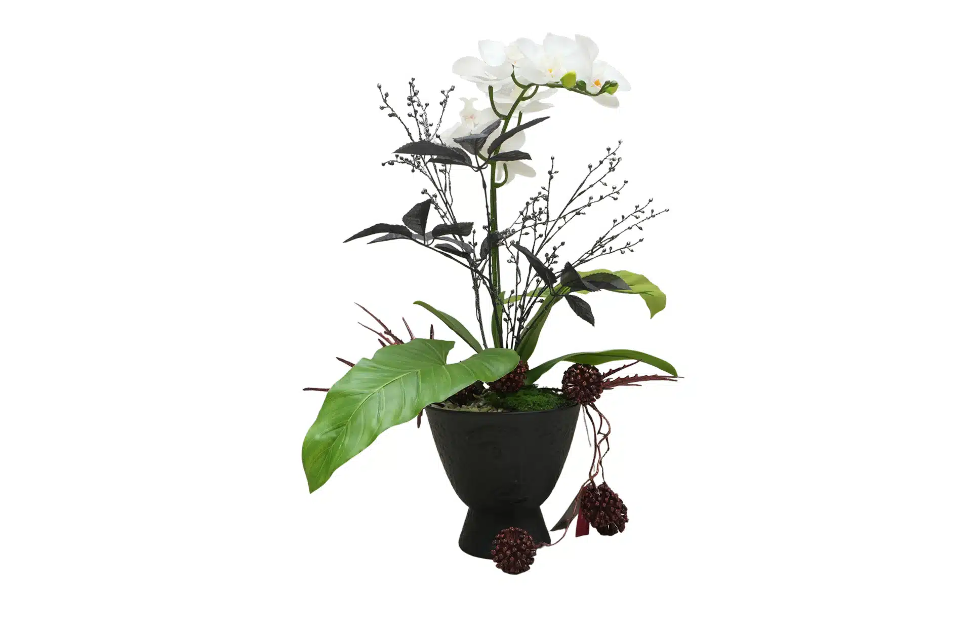 Home Decor Flower Arrangement No-76 Face Black Pot Anggrek Big Leaf 24 Front View