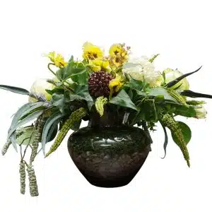 Home Decor Flower ArrangementNo.60 - 022022 Brown Glass Vase Spring Bouquette Yellow Front View