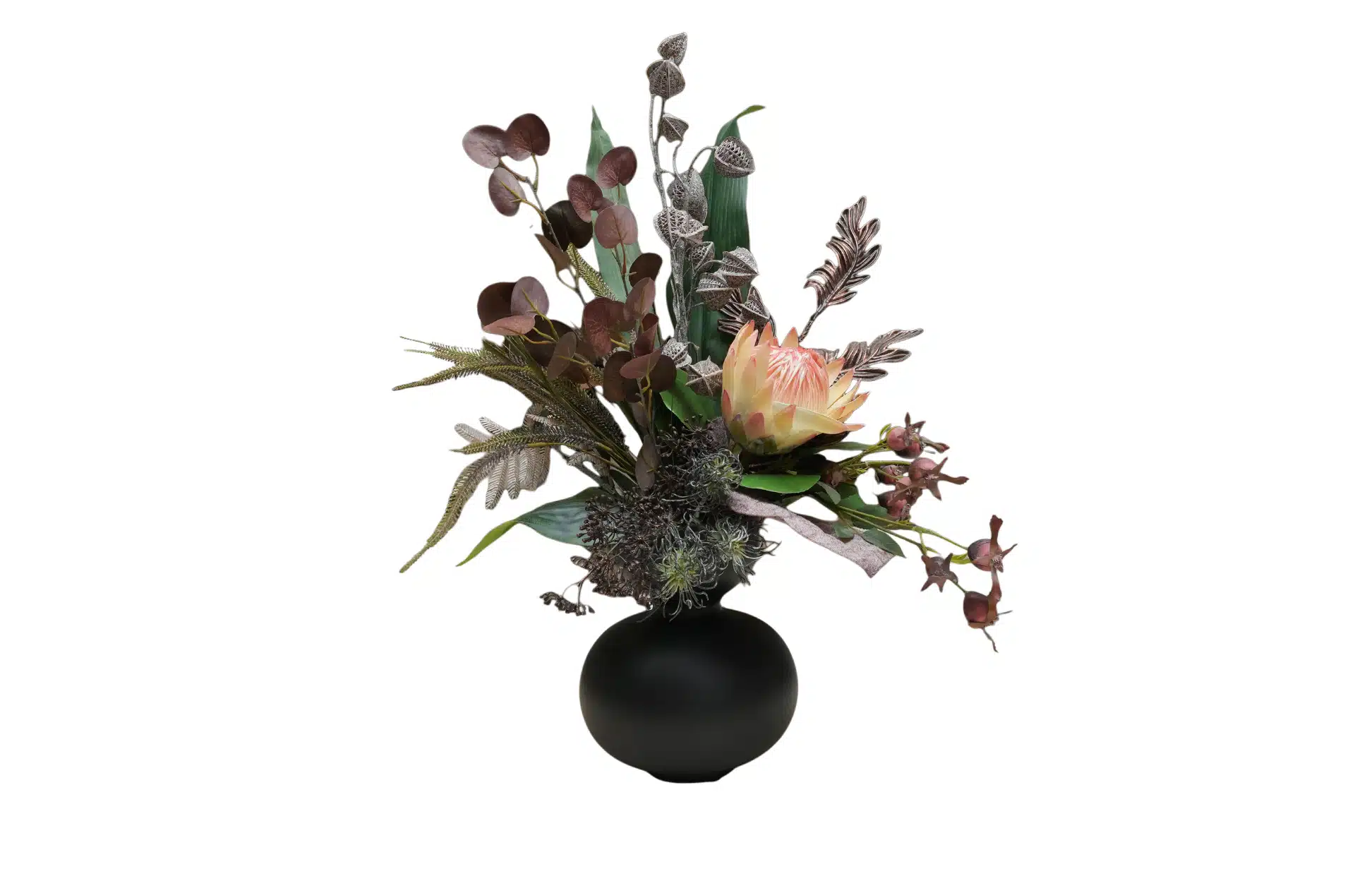 Home Decor Flower Arrangement No.95 - 022022 Black Glass Vase Protea Burgundy Front View