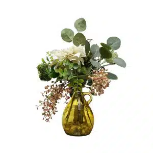 Home Decor Flower Arrangement No.105 - 022022 Yellow Glass Bottle Dahlia White Mix Front View