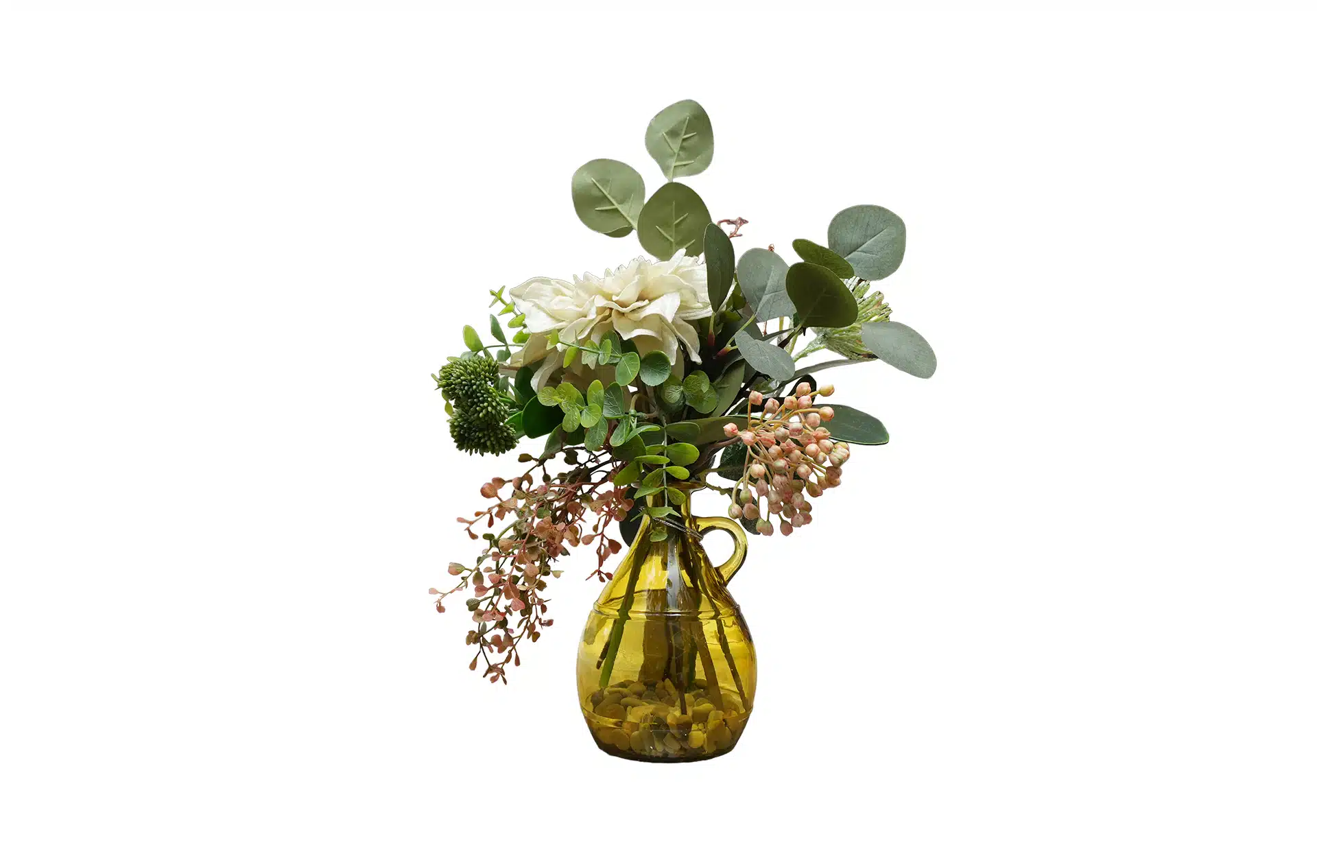 Home Decor Flower Arrangement No.105 - 022022 Yellow Glass Bottle Dahlia White Mix Front View