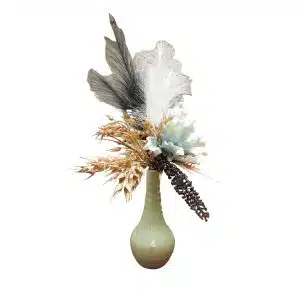 Home Decor Flower Arrangement Nr. 6-7 Green Safe Color Vase, Feathers and Gold bamboo Front View