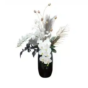 Home Decor Flower Arrangement No-78 Glossy Black Pot Anggrek Black White 24 Front View