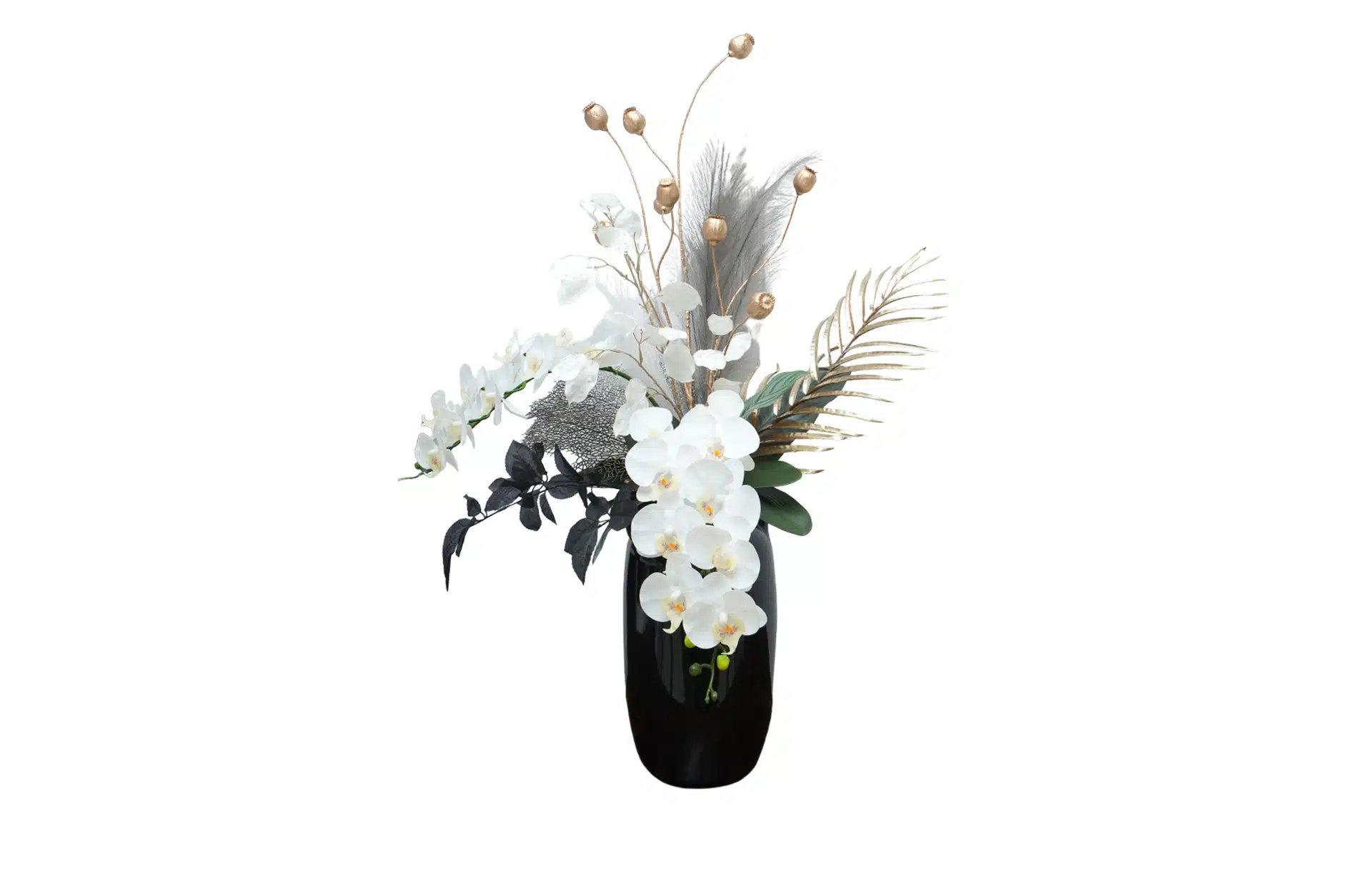 Home Decor Flower Arrangement No-78 Glossy Black Pot Anggrek Black White 24 Front View