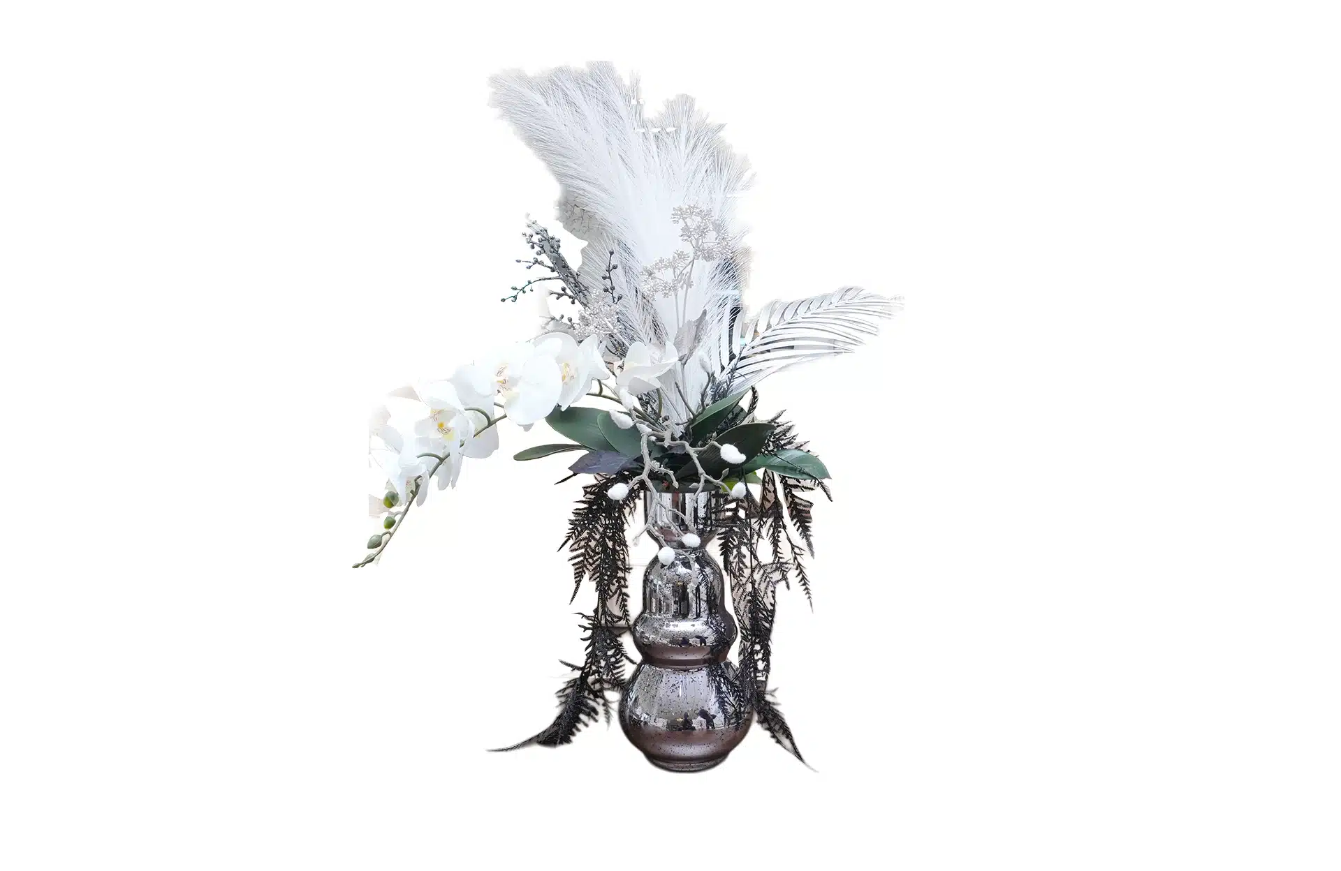 Home Decor Flower Arrangement No-83 Silver Rose Anggrek Black Fern 24 Front View