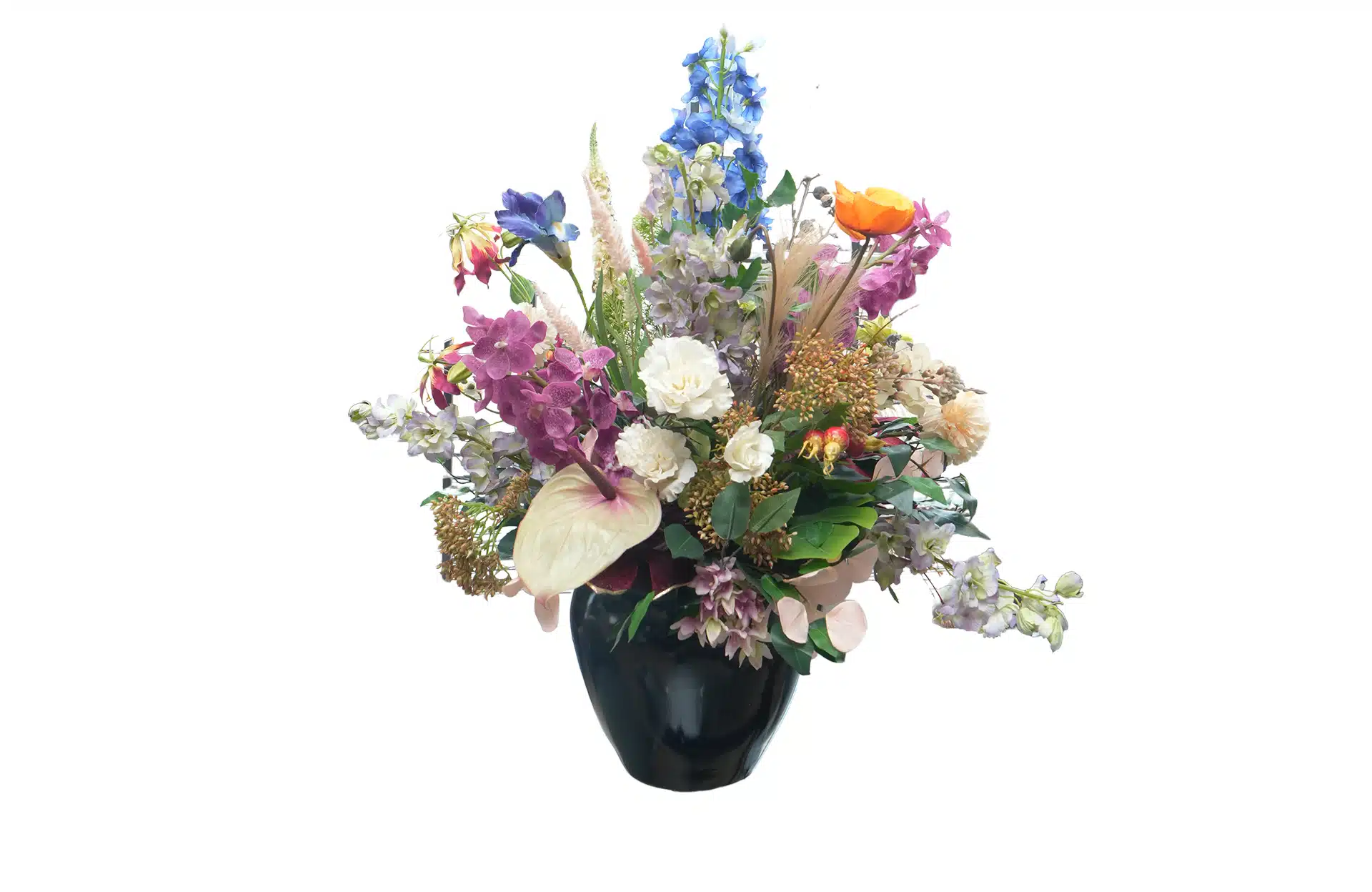 Home Decor Flower Arrangement No-G Big Black Pot Flower Old New 24 Front View