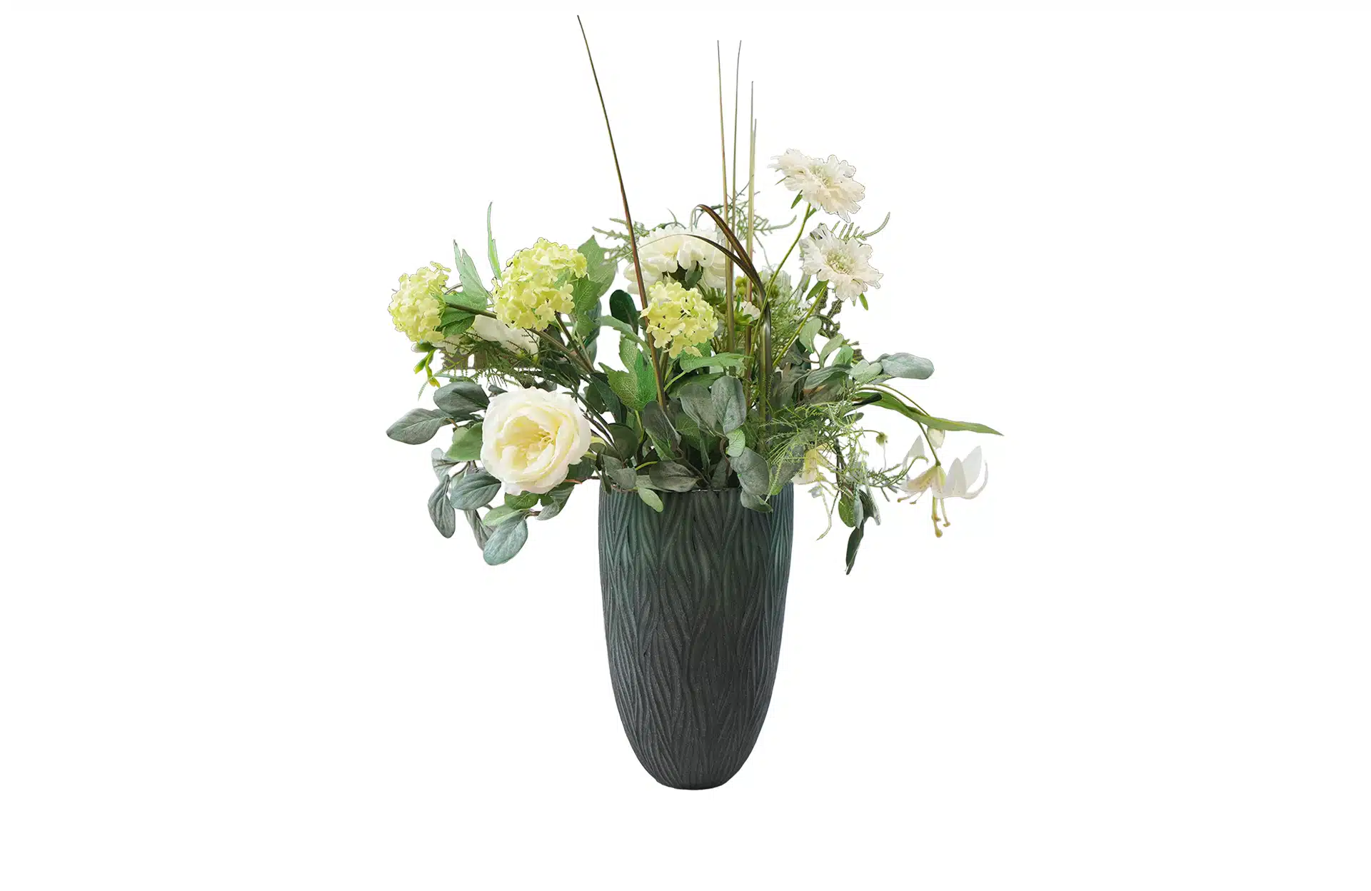 Home Decor Flower Arrangement Blue Turquise Vase & Green White Flower No.24 ( 082019 ) Front View