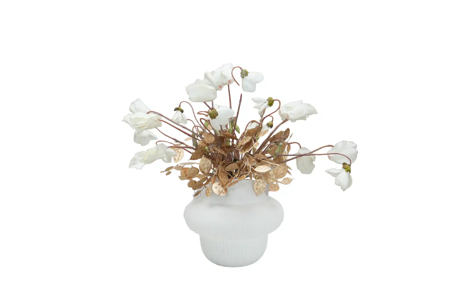 Home Decor Flower Arrangement No-11 Modern White Vase Glod Cyclames 24 Front View