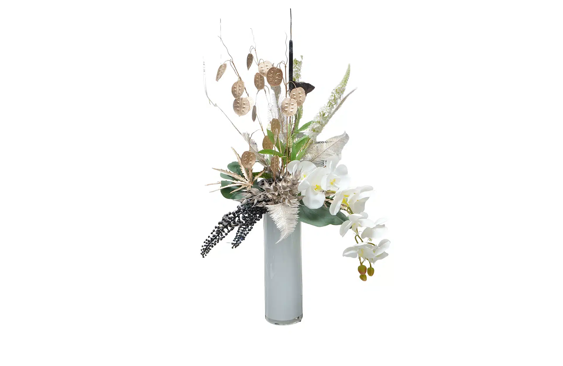 Home Decor Flower Arrangement Nr.50 White Tall Vase, Modern Garden Look Front View