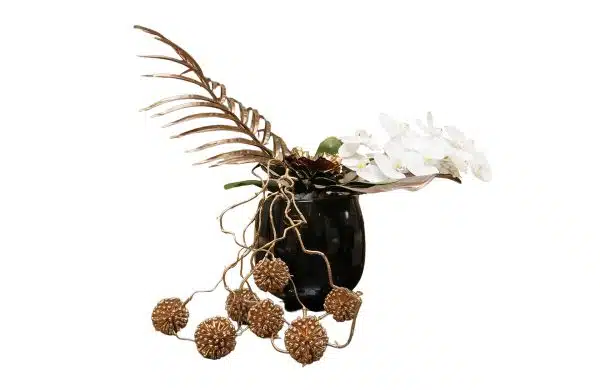 Home Decor Flower Arrangement Nr. 37-38 Black Glossy Pot, Minimalistic Style, brons Front View