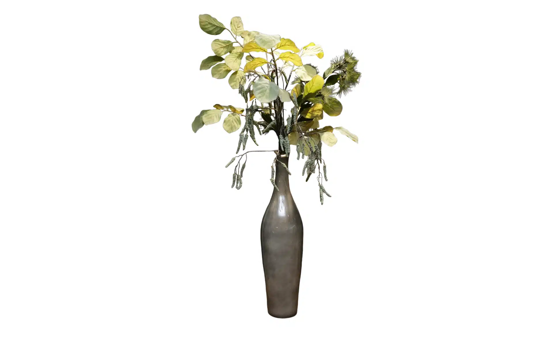 Home Decor Flower Arrangement No.94 - 022022 Tall Grey Vase Mixed Tree Greenery Front View