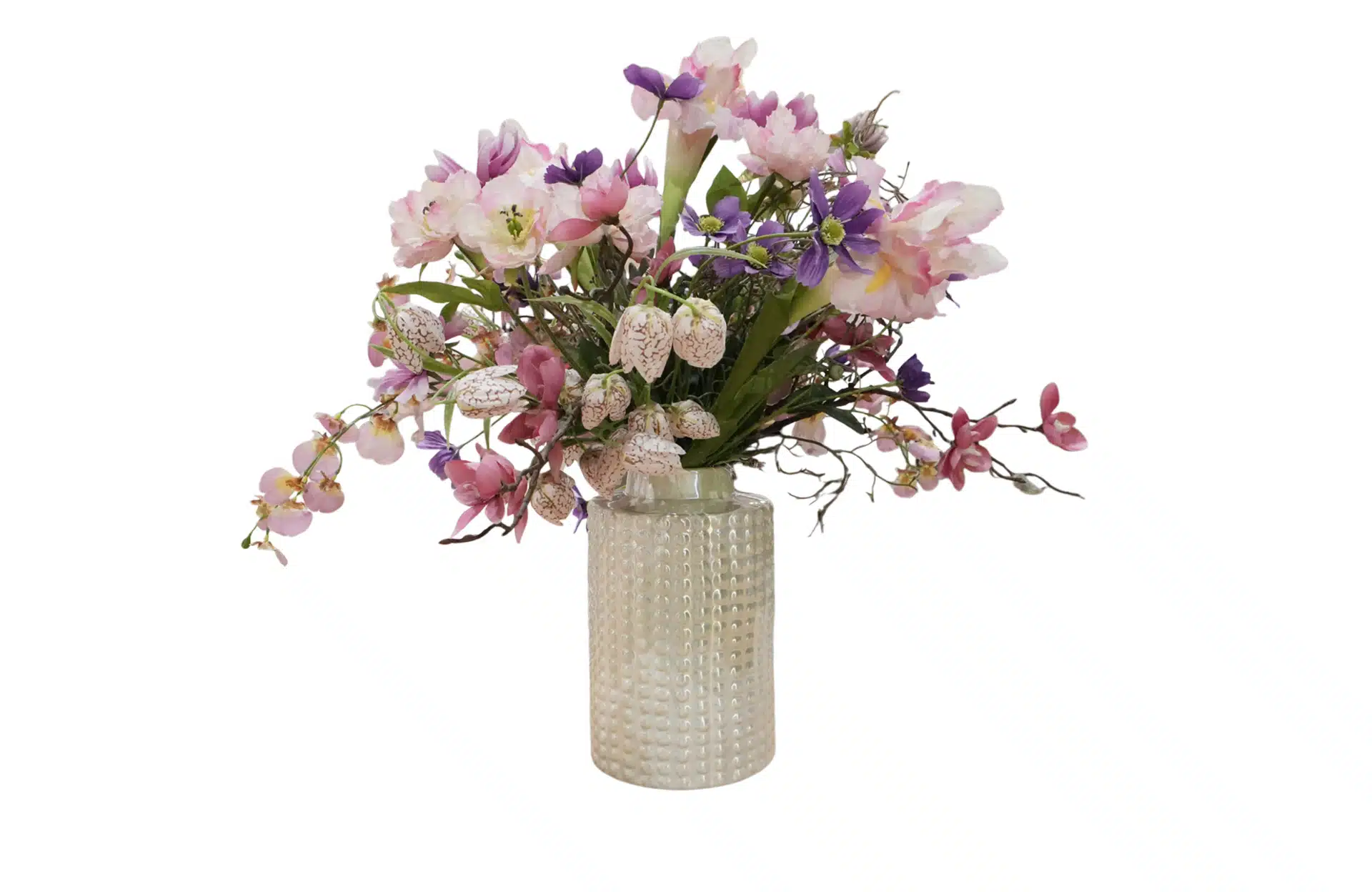 Home Decor Flower Arrangement Silver Vase White Flower Pink Front View